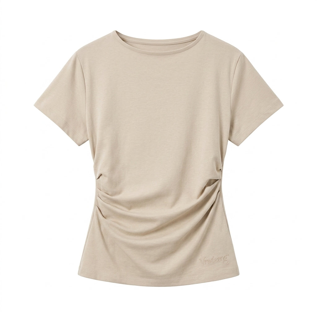 Vrwtleang™ Aureline Women’s Draped Cotton T-Shirt — Relaxed Fit Sculpted Waist Premium Casual Top