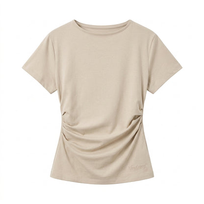 Vrwtleang™ Aureline Women’s Draped Cotton T-Shirt — Relaxed Fit Sculpted Waist Premium Casual Top