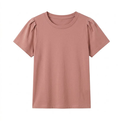Vrwtleang™ Solenne Women’s Pleated-Shoulder T-Shirt — Elegant Cotton Jersey Statement Sleeve Top