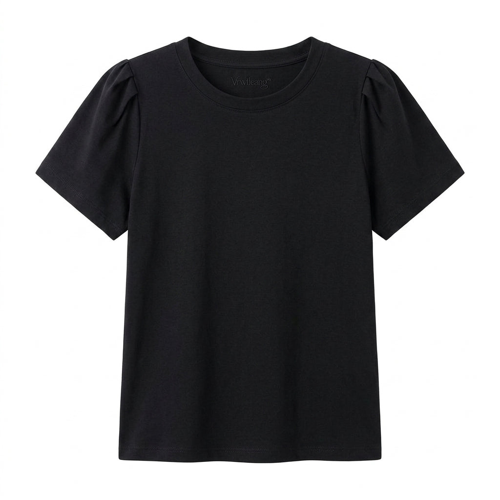 Vrwtleang™ Solenne Women’s Pleated-Shoulder T-Shirt — Elegant Cotton Jersey Statement Sleeve Top