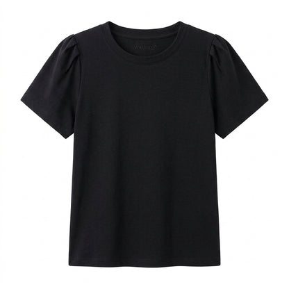 Vrwtleang™ Solenne Women’s Pleated-Shoulder T-Shirt — Elegant Cotton Jersey Statement Sleeve Top