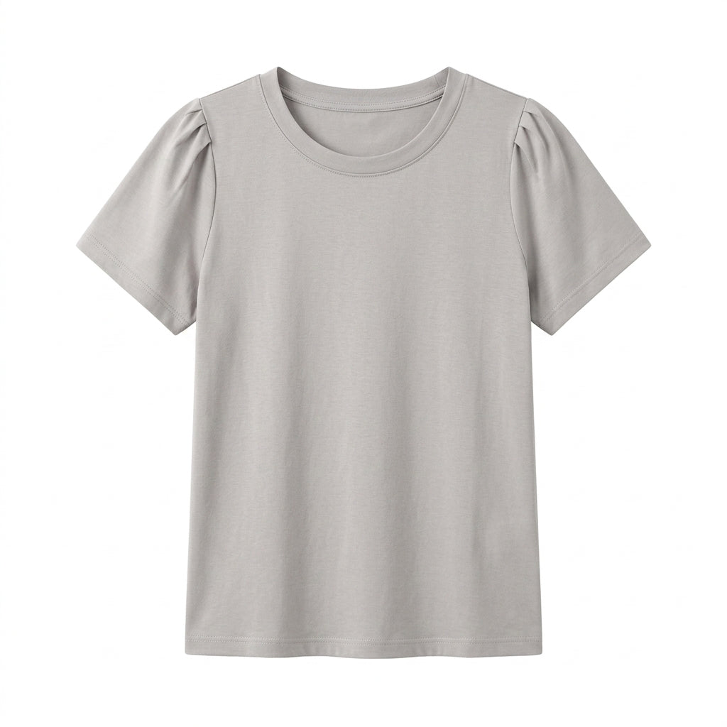 Vrwtleang™ Solenne Women’s Pleated-Shoulder T-Shirt — Elegant Cotton Jersey Statement Sleeve Top