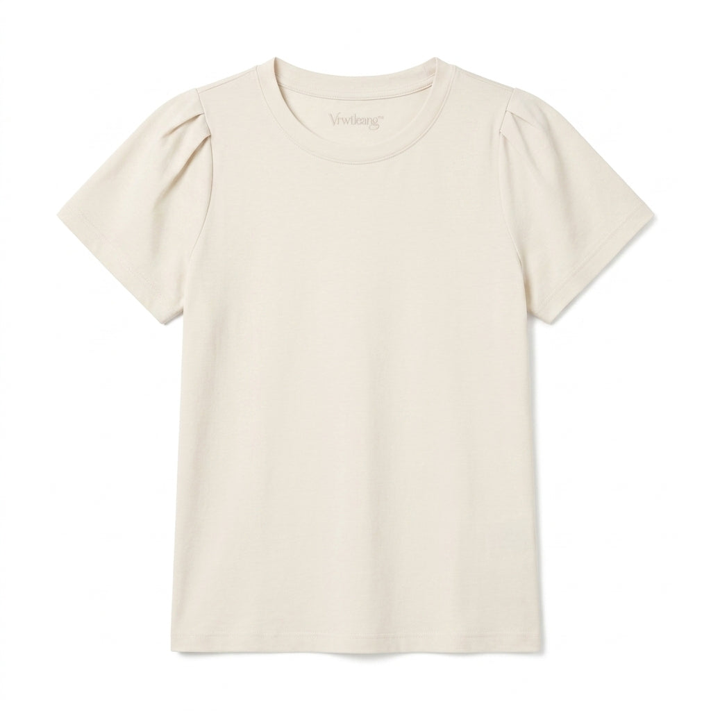 Vrwtleang™ Solenne Women’s Pleated-Shoulder T-Shirt — Elegant Cotton Jersey Statement Sleeve Top