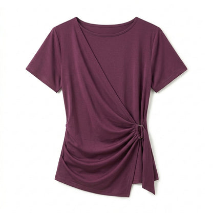 Vrwtleang™ Nola Women’s Wrap-Front Jersey Top — Asymmetric Short-Sleeve Casual Blouse T-Shirt