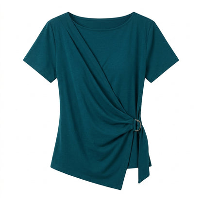 Vrwtleang™ Nola Women’s Wrap-Front Jersey Top — Asymmetric Short-Sleeve Casual Blouse T-Shirt
