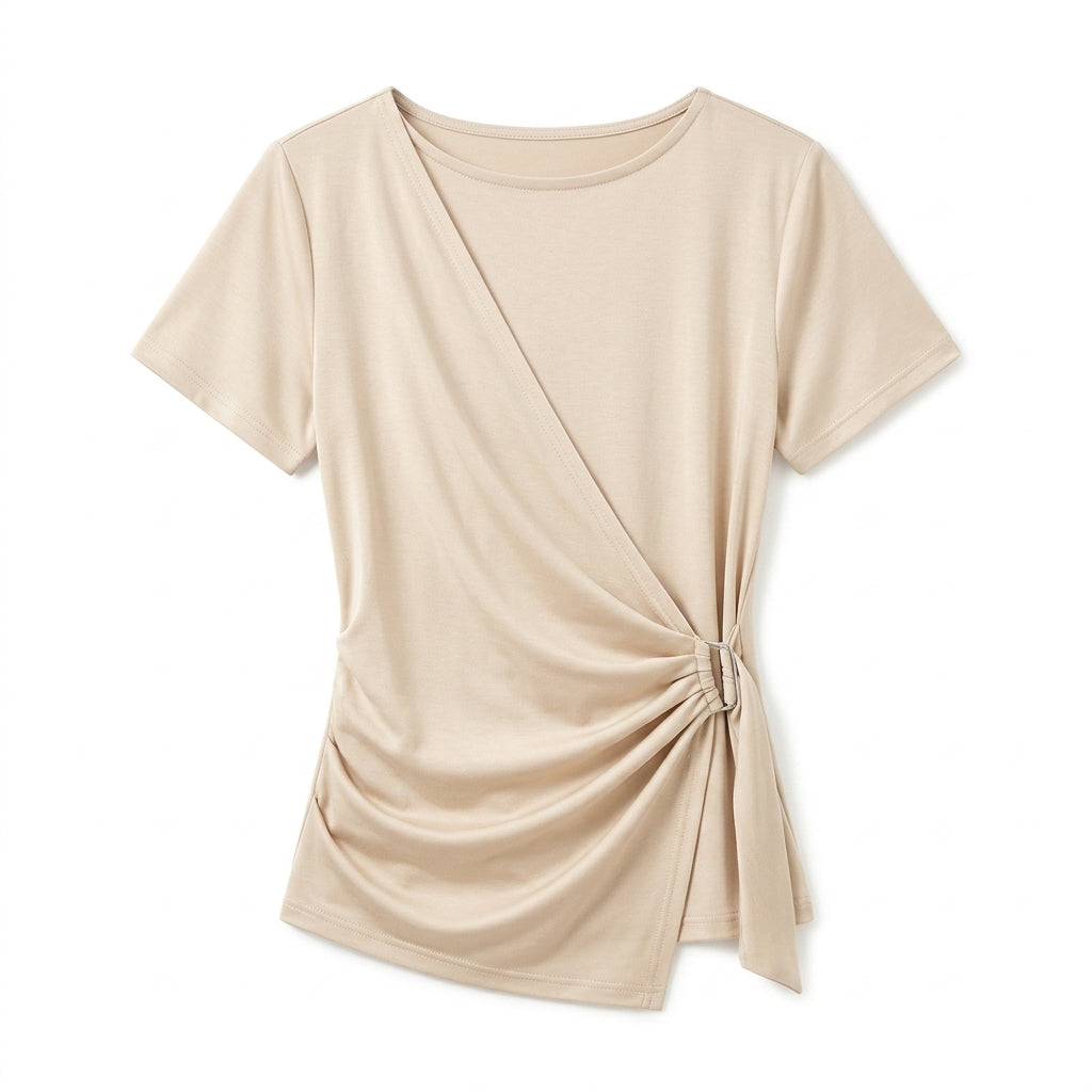 Vrwtleang™ Nola Women’s Wrap-Front Jersey Top — Asymmetric Short-Sleeve Casual Blouse T-Shirt
