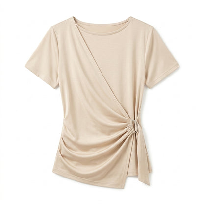 Vrwtleang™ Nola Women’s Wrap-Front Jersey Top — Asymmetric Short-Sleeve Casual Blouse T-Shirt