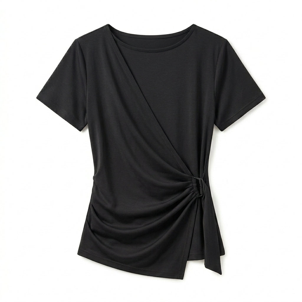 Vrwtleang™ Nola Women’s Wrap-Front Jersey Top — Asymmetric Short-Sleeve Casual Blouse T-Shirt
