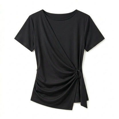 Vrwtleang™ Nola Women’s Wrap-Front Jersey Top — Asymmetric Short-Sleeve Casual Blouse T-Shirt