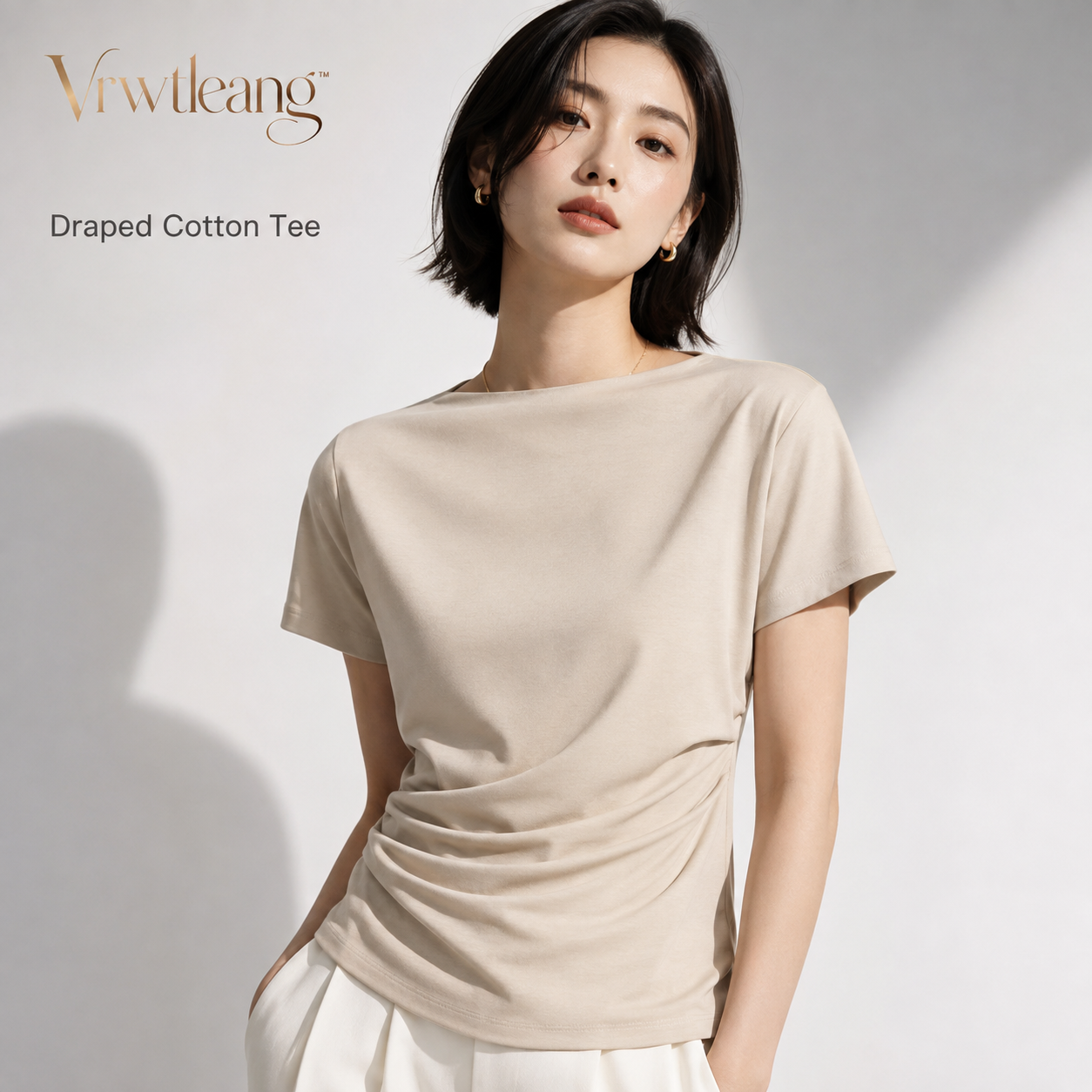 Vrwtleang™ Aureline Women’s Draped Cotton T-Shirt — Relaxed Fit Sculpted Waist Premium Casual Top