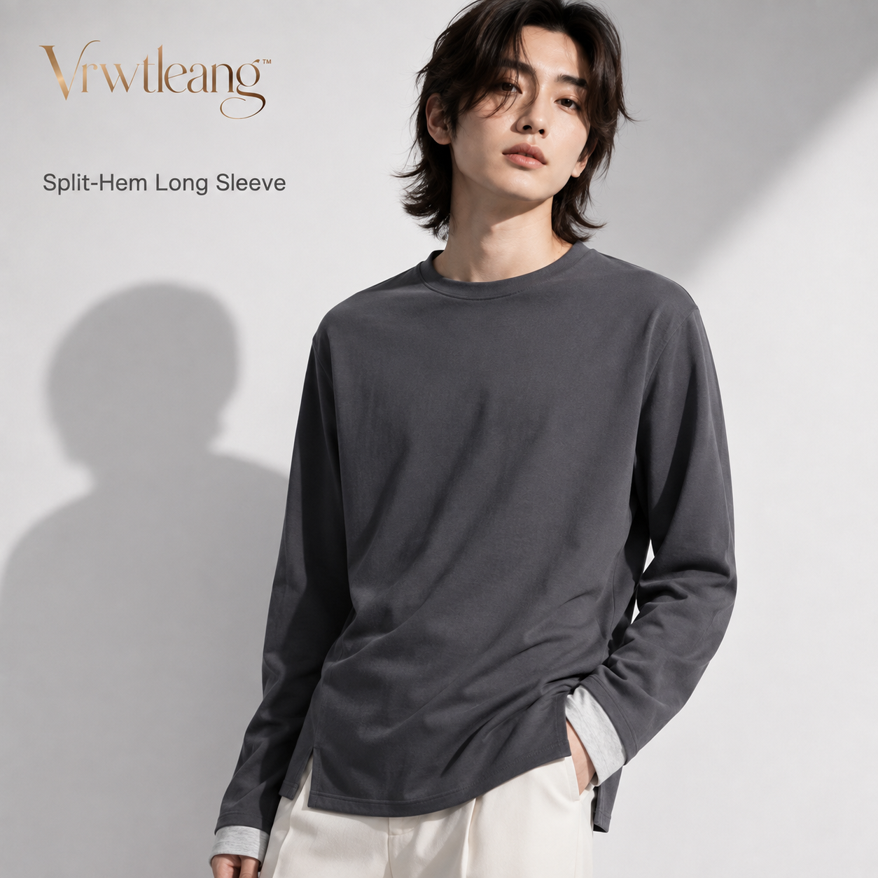 Vrwtleang™ Halcyon Unisex Split-Hem Long-Sleeve T-Shirt — Relaxed Layering Top With Contrast Cuffs