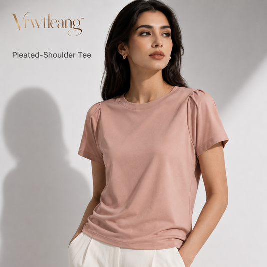 Vrwtleang™ Solenne Women’s Pleated-Shoulder T-Shirt — Elegant Cotton Jersey Statement Sleeve Top