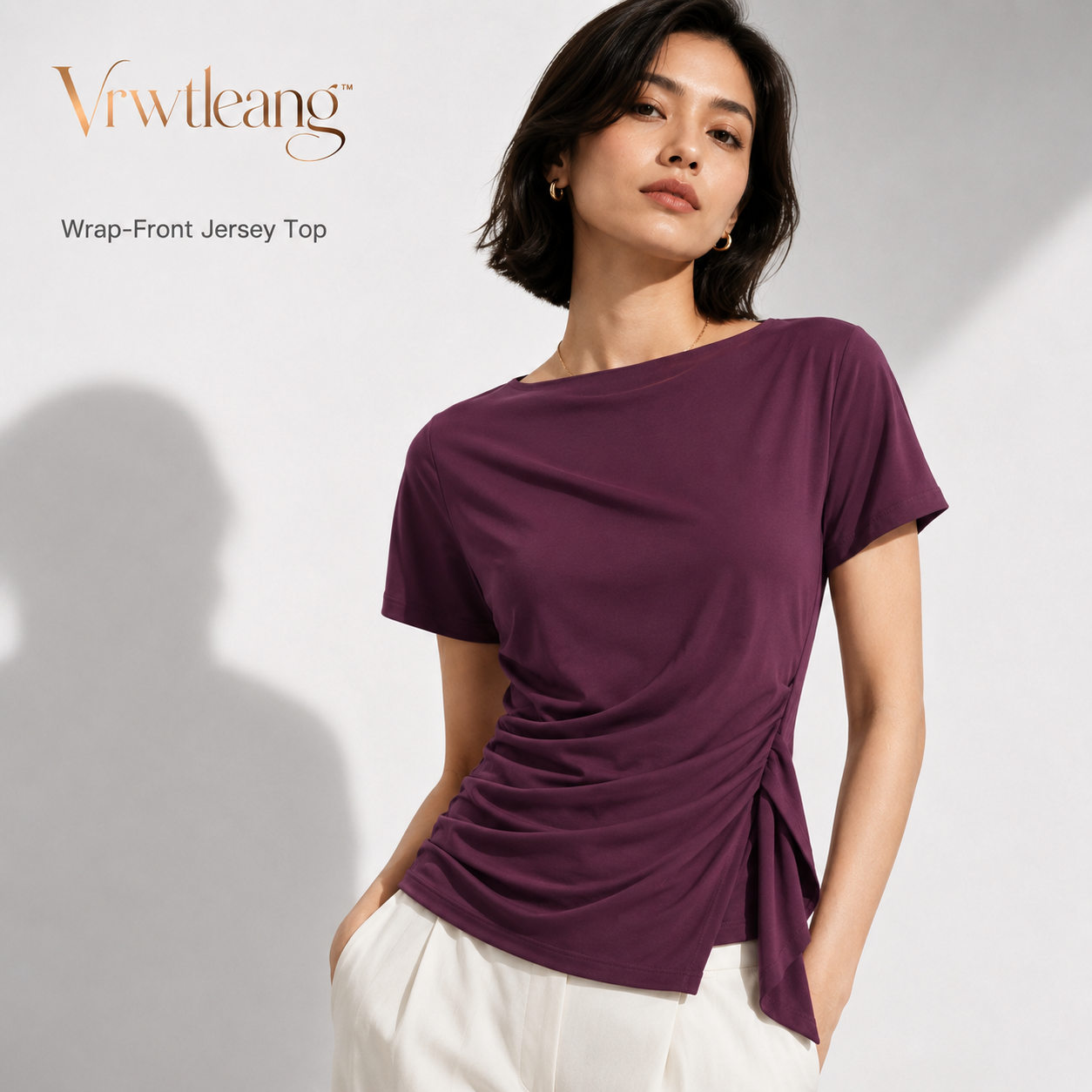 Vrwtleang™ Nola Women’s Wrap-Front Jersey Top — Asymmetric Short-Sleeve Casual Blouse T-Shirt